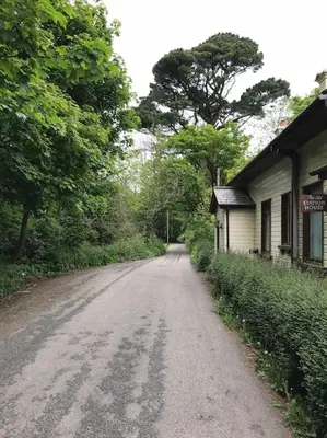 a dirt road next to a house and trees at Riverside Apartment in Uny Lelant