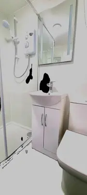 a bathroom with a black cat sitting on a sink at 8 Penhale in Perranporth