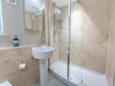a bathroom with a shower and a sink and a toilet at Dolphins Reach in Saint Mawes