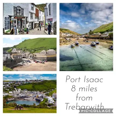 a collage of pictures of a town and a harbor at Karrek View - Trebarwith Strand (Sleeps 8-10) in Treknow
