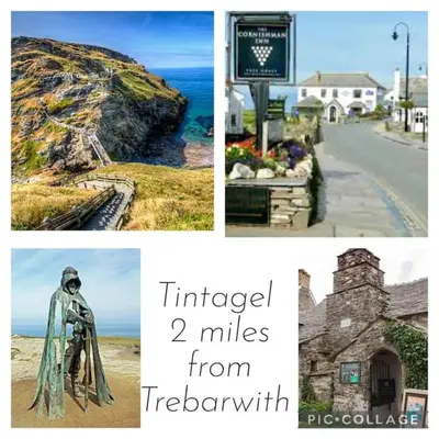 a collage of pictures of a village with a sign at Karrek View - Trebarwith Strand (Sleeps 8-10) in Treknow