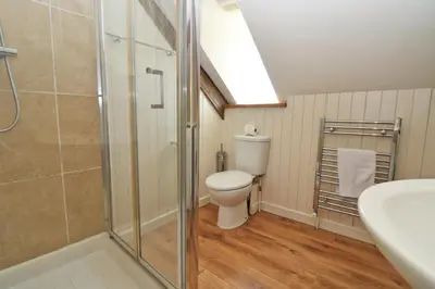 a bathroom with a toilet and a shower and a sink at Town centre apartment with parking in Padstow