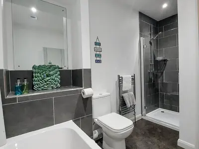 a bathroom with a toilet and a sink and a shower at Meadow View Apartments in Newquay