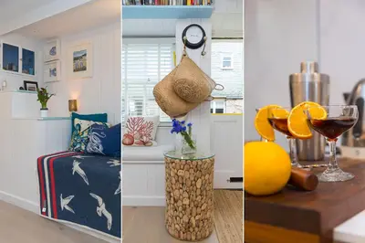 three pictures of a kitchen and a living room at Puffin Cottage in St Ives
