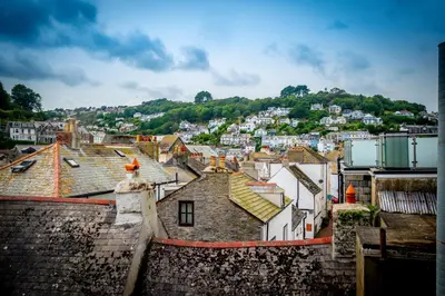 an aerial view of a city with roofs at The Decker Apartment in Looe