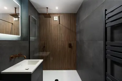 a bathroom with a sink and a shower at Room 1, Hotel style double bedroom in Marazion in Marazion