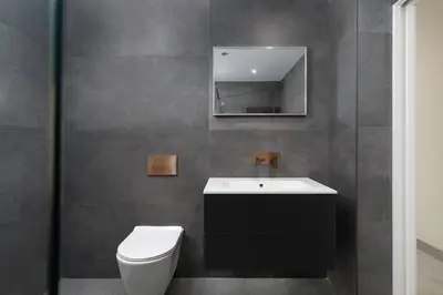 a bathroom with a toilet and a sink and a mirror at Stunning new 1 bed apartment in Marazion. in Marazion