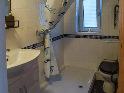 a bathroom with a sink and a toilet and a shower curtain at The Annex At Tenniside in Perranporth