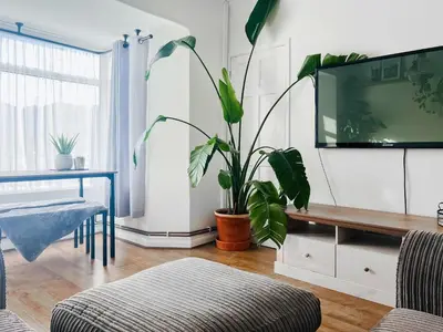 a living room with a potted plant and a tv at The Annex At Tenniside in Perranporth