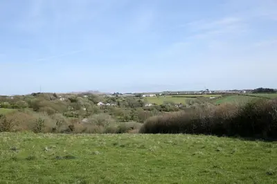 a field with green grass and trees in the distance at Hendra Retreat Owls Roost Cottage North Cornwall in Camelford