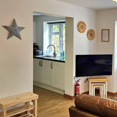 a living room with a couch and a kitchen with a sink at 14 Granite Henge in Looe
