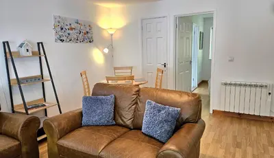 a living room with a brown leather couch at 14 Granite Henge in Looe