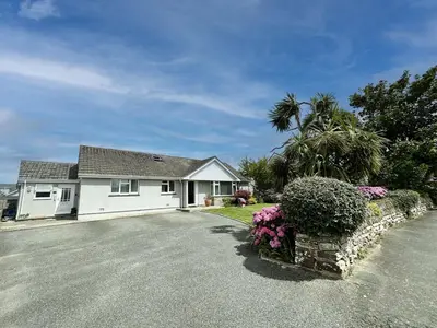 a white house with a driveway and flowers at The Cottage Annex in Newquay