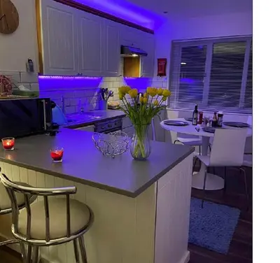 a kitchen with a vase of flowers on a counter at Springer Villa, 2 bed, Newquay in Newquay