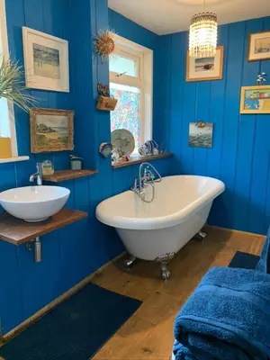 a blue bathroom with a tub and a sink at Silverspring Farm En suite in Constantine