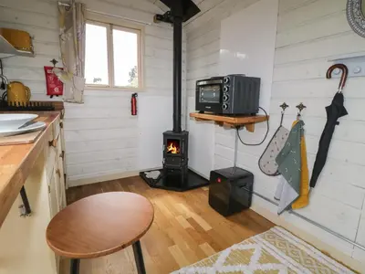 a kitchen with a stove in a tiny house at Flora's Hut in Liskeard