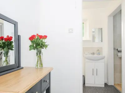 a bathroom with red flowers in a vase on a counter at The Old Forge in Saltash