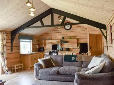 a living room with a couch and a kitchen at Brook Lodge in Liskeard