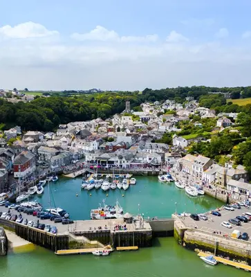 an aerial view of a harbor with boats in the water at Stones Throw Lodge in Padstow