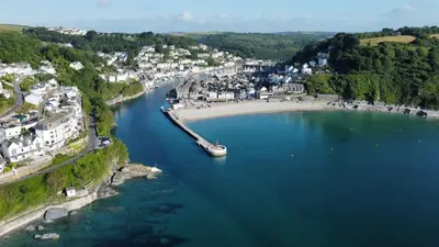 an aerial view of a beach with a boat in the water at Quayview in Looe