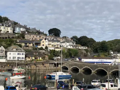 a group of boats in a marina with houses at Quayview in Looe