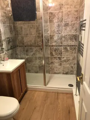 a bathroom with a shower with a toilet and a sink at Carbis Bay luxury ground floor flat close to beach in Carbis Bay