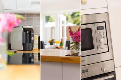 three pictures of a kitchen with a microwave and flowers at Carvean in Carbis Bay