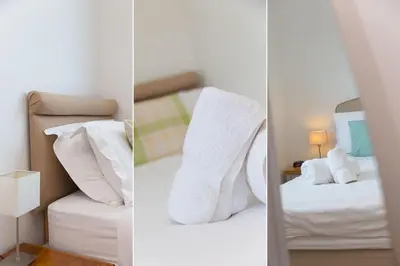two pictures of a bedroom with white pillows and a bed at Carvean in Carbis Bay