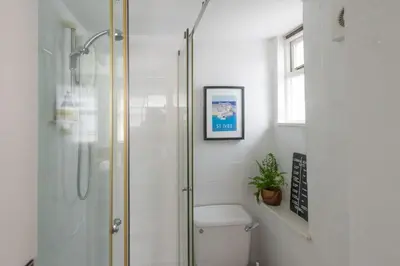 a bathroom with a shower stall and a toilet at Old Arch Cottage, The Digey - 100m From Town & Beach - Free WiFi - 2 Pets Allowed in St Ives