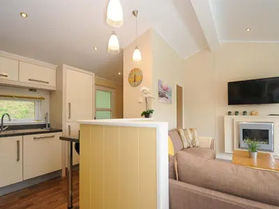 a kitchen and living room with a couch and a tv at Hideaway Lodge in Tintagel