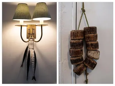 a wall mounted lamp with cork knots on the wall at Mobray, Port Isaac Bay Holidays in Port Isaac