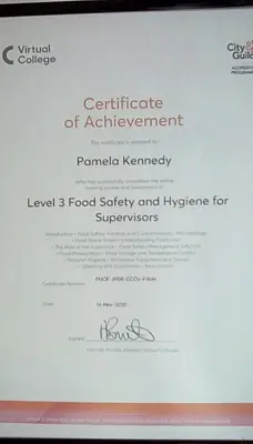 a certificate of achievement for a food safety and hygiene supervisor at Bed & Breakfast Only - not 24 hour lodging - Truro, Cornwall - free parking in Truro