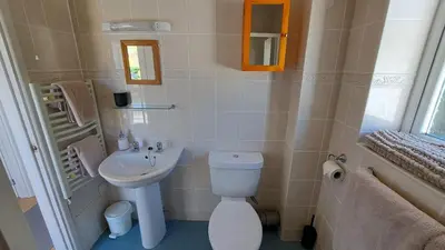 a small bathroom with a toilet and a sink at Polmaro in Saint Mawes