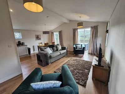 a living room with a couch and a tv in it at Valley View Lodges in Liskeard