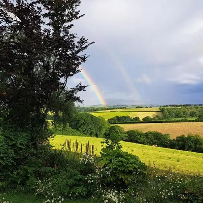 a rainbow in the middle of a field with a tree at The Dovecote in Launceston