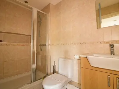 a bathroom with a toilet and a sink and a shower at Lower Mellan Barn in Helston