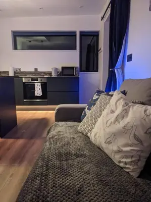a living room with a couch and a kitchen at Modern cosy apartment walking distance to many cove beaches and coast path walks as well as the famous Helford river in Falmouth