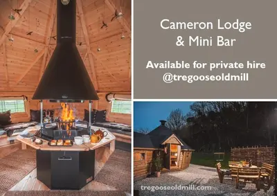 two pictures of a screened in porch with a stove in a backyard at The Pigsty & Spa Garden at Tregoose Old Mill in Newquay