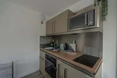 a kitchen with a sink and a microwave at Olverstone Lodge, a beautiful Cornish lodge with wood burner & garden in St Austell