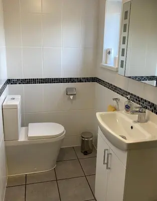a bathroom with a white toilet and a sink at Twin Gates Annexe in Falmouth