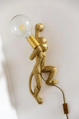 a gold frog holding a light bulb on a wall at 