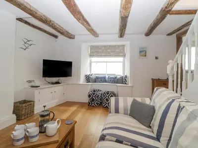 a living room with a couch and a tv at Sun Cottage in Looe