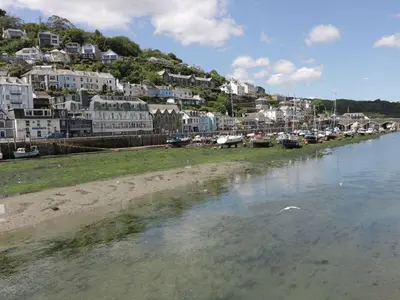 a body of water with a bunch of houses and boats at Little Trevallan in Looe