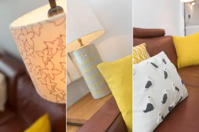 four different pictures of pillows and a lamp at 28 Carrack Widden in St Ives