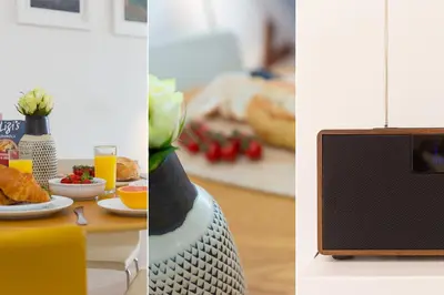 two pictures of a table with food and a speaker at 28 Carrack Widden in St Ives