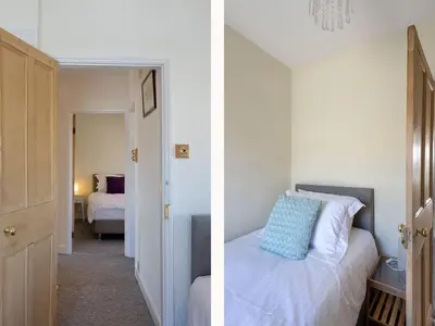 two pictures of a bedroom with a bed and a door at Ayr Farmhouse in St Ives