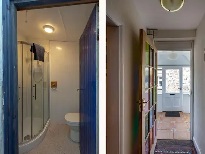 two pictures of a bathroom with a shower and a toilet at Ayr Farmhouse in St Ives