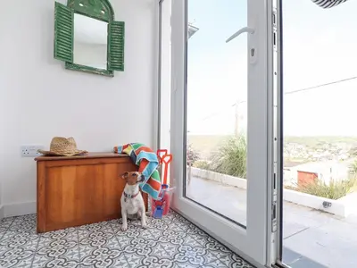 a dog standing in front of a sliding glass door at Higher Bolenna in Perranporth