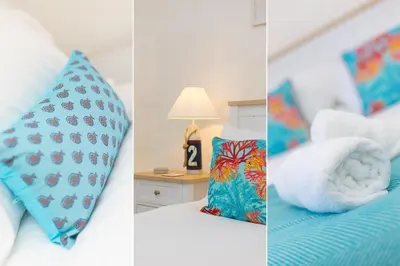 three pictures of a bedroom with a bed and pillows at 20 The Warren in St Ives