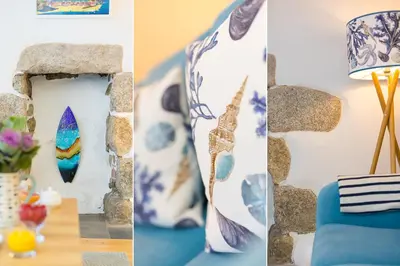 a collage of three pictures of a room with blue furniture at 20 The Warren in St Ives